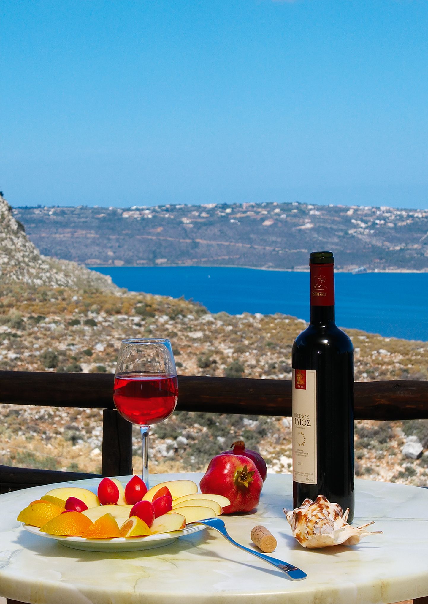 Een tafel met een fles wijn, een glas rode wijn en een bord fruit, waaronder appels, sinaasappels en tomaten, met een mooi uitzicht op de kust.