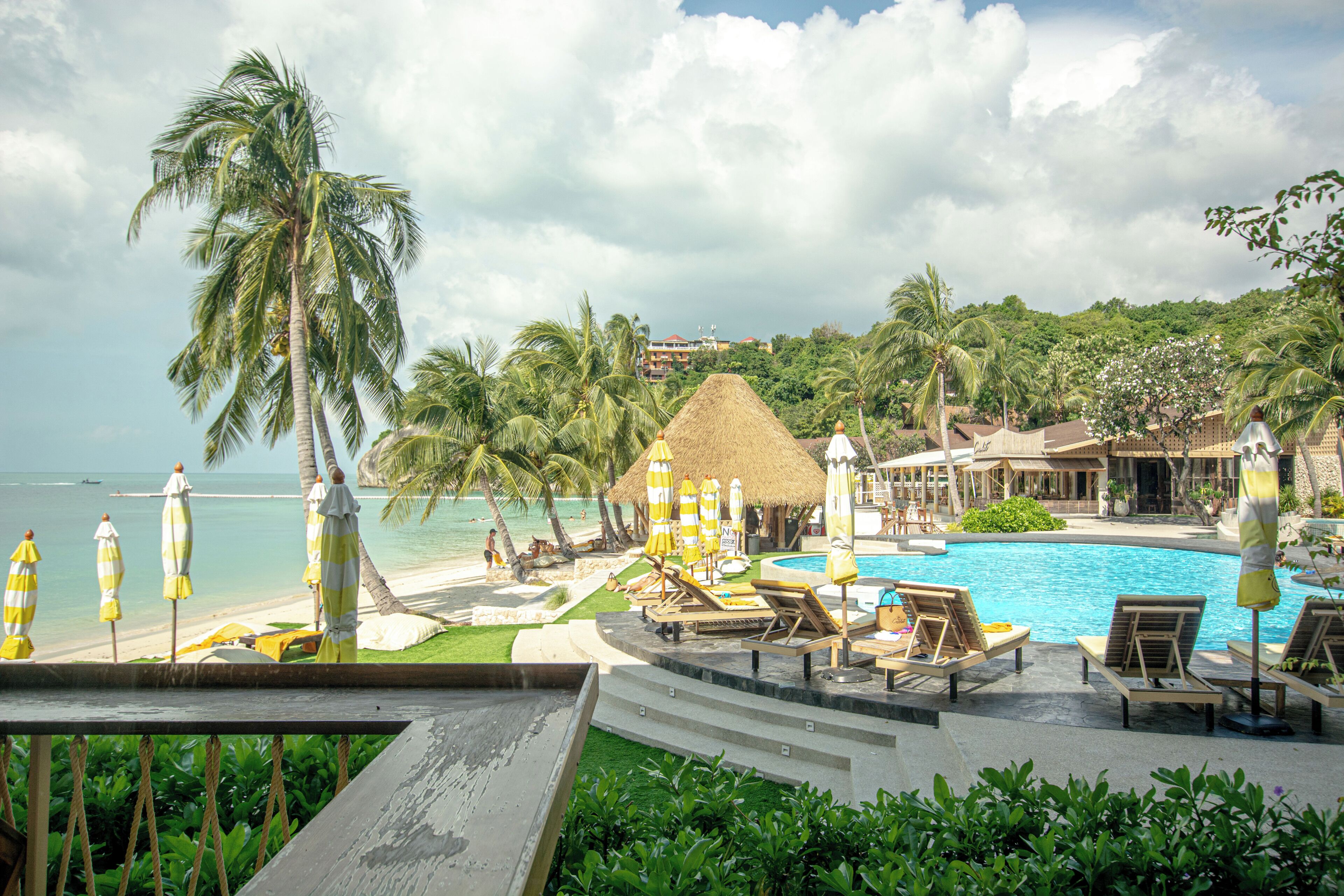 Un resort con piscina, sillas de descanso, sombrillas y palmeras.