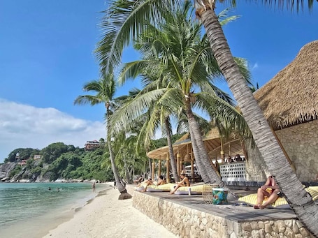 On the beach, white sand, sun loungers, beach umbrellas. Cocohut Beach Resort