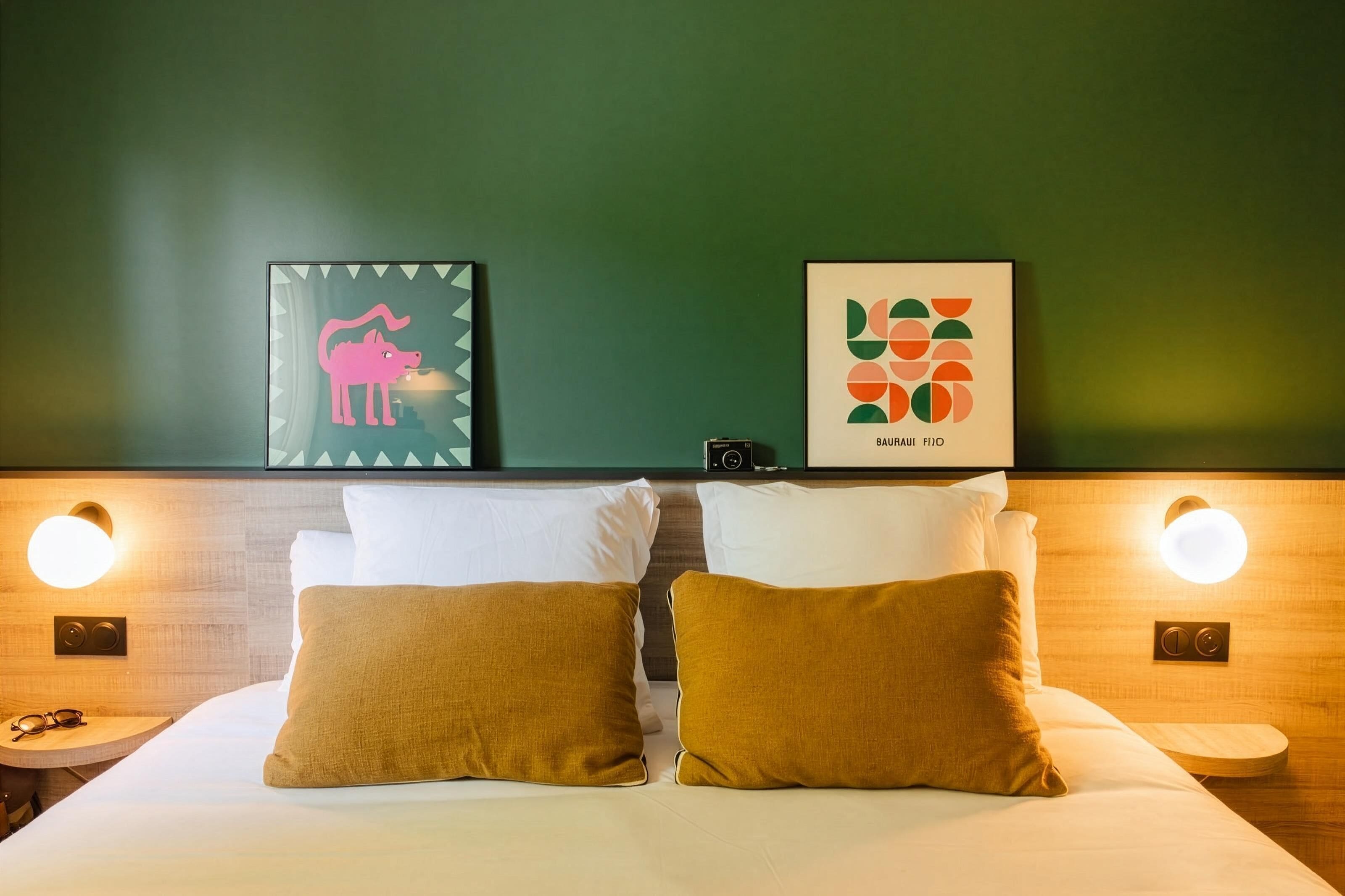 A hotel room with a bed, two pillows, a nightstand, a camera, and two framed artworks on the wall.