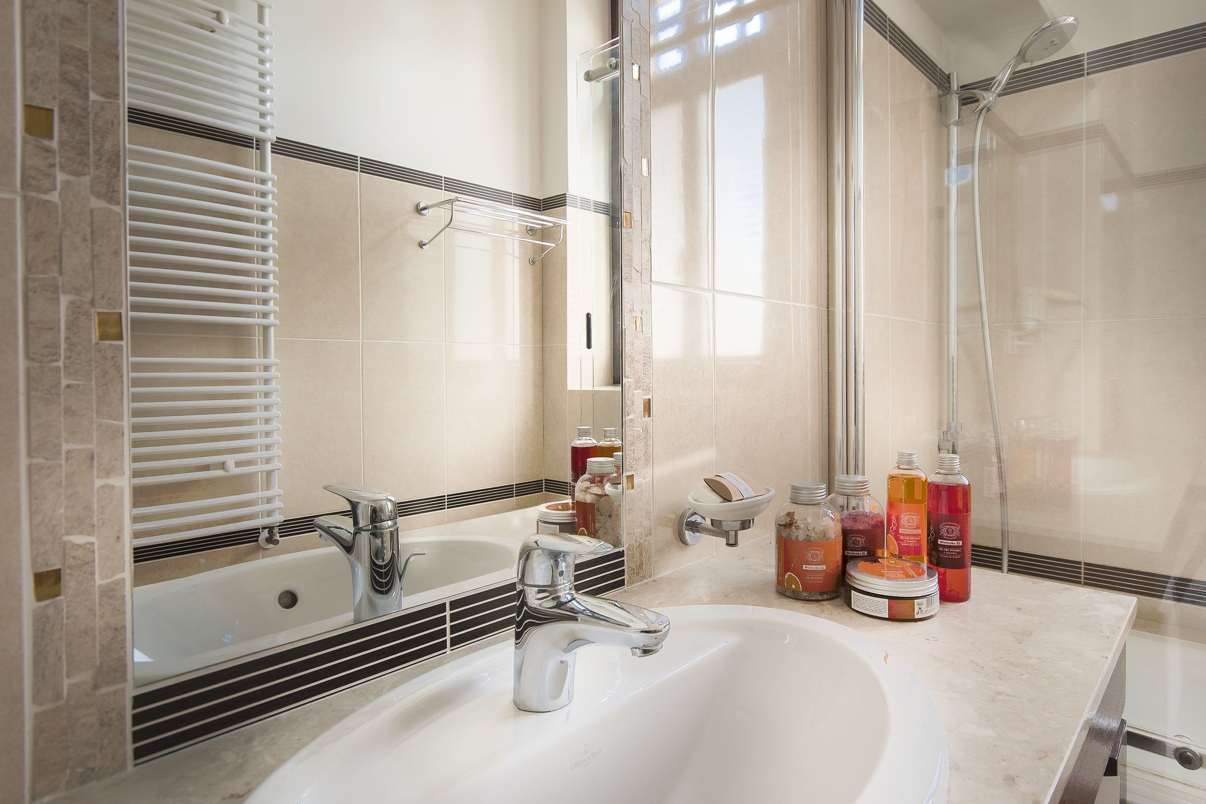 twin room | bathroom | designer toiletries, hair dryer, bathrobes, slippers