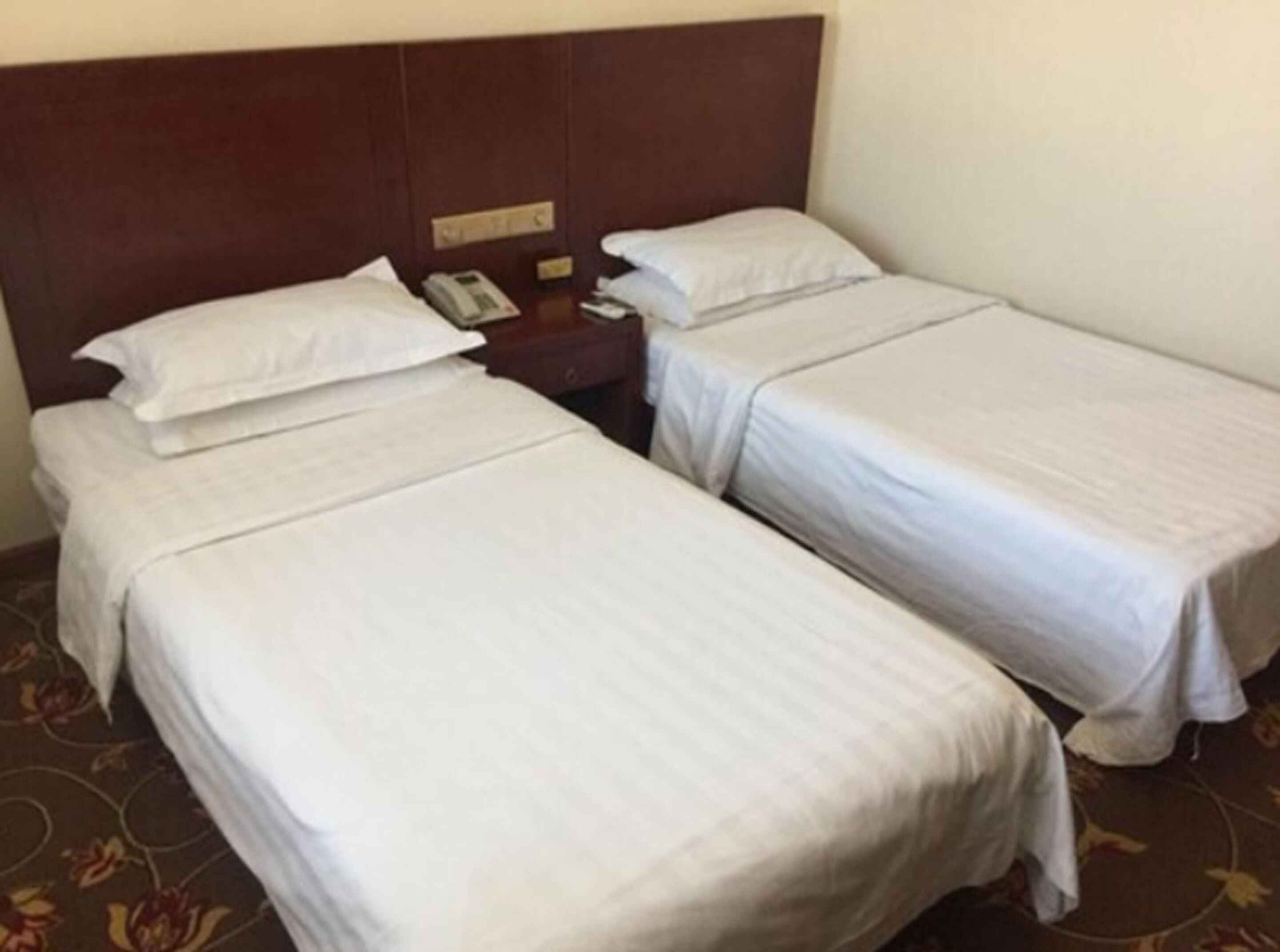 Habitación de hotel con dos camas individuales, cabecero de madera, mesita de noche con teléfono y alfombra floral.