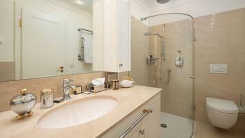 A modern bathroom with a large sink, a glass-enclosed shower, and a toilet.