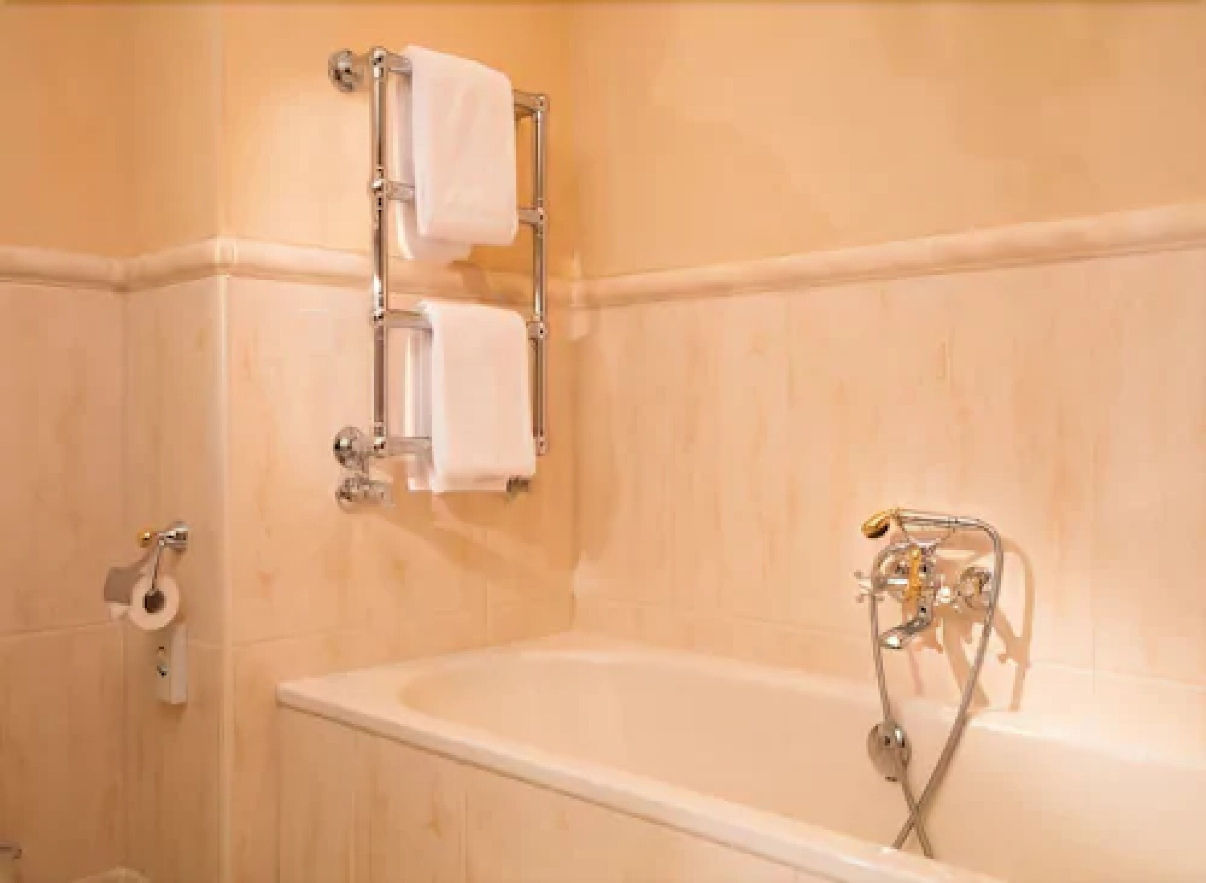 Ein Badezimmer mit einer Badewanne, einem Handtuchhalter mit zwei Handtüchern und einem Toilettenpapierhalter.