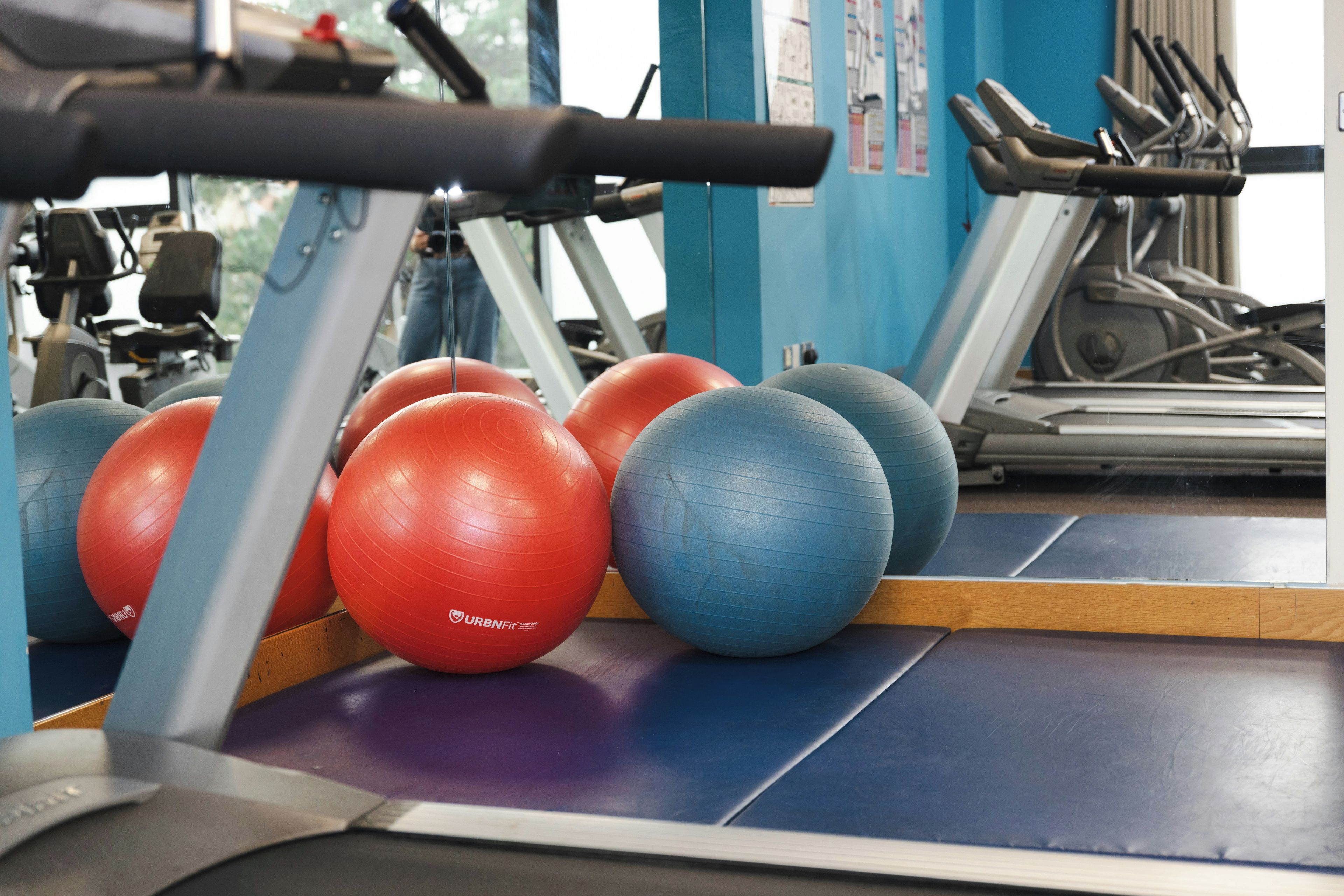 Équipement de musculation comprenant des tapis de course et des ballons d’exercice, le tout installé dans une salle de sport.