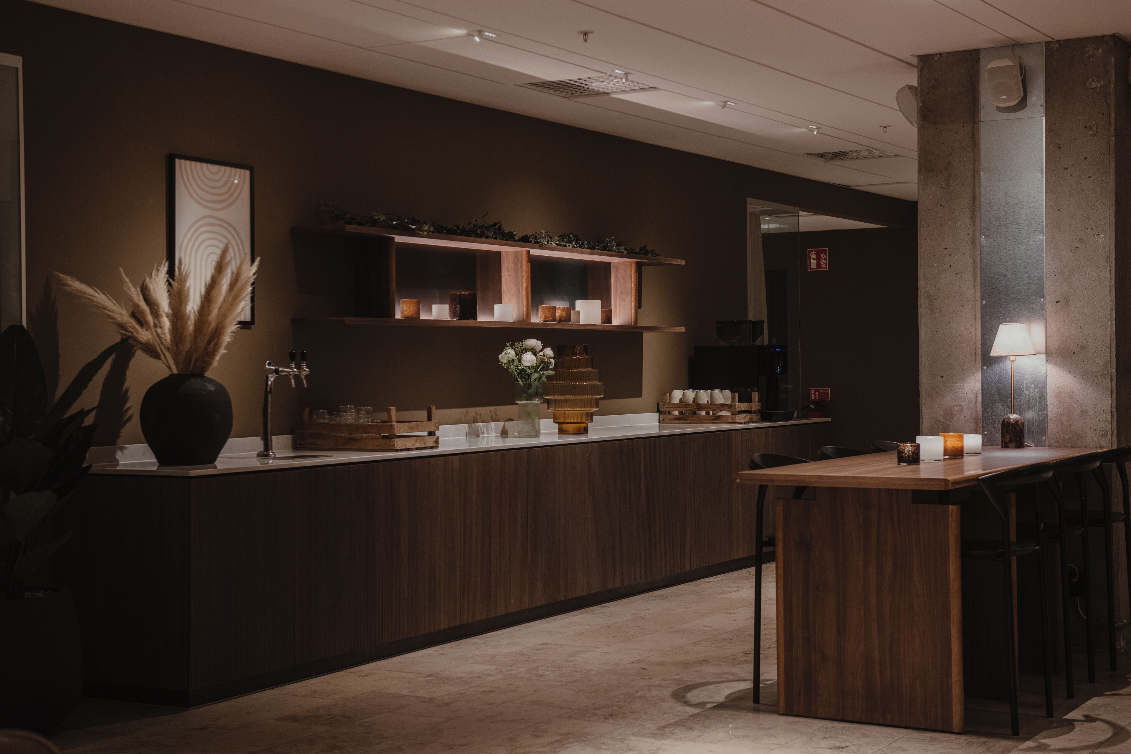 A modern reception area with a wooden reception desk, a potted plant, and a wall-mounted shelf with decorative items.