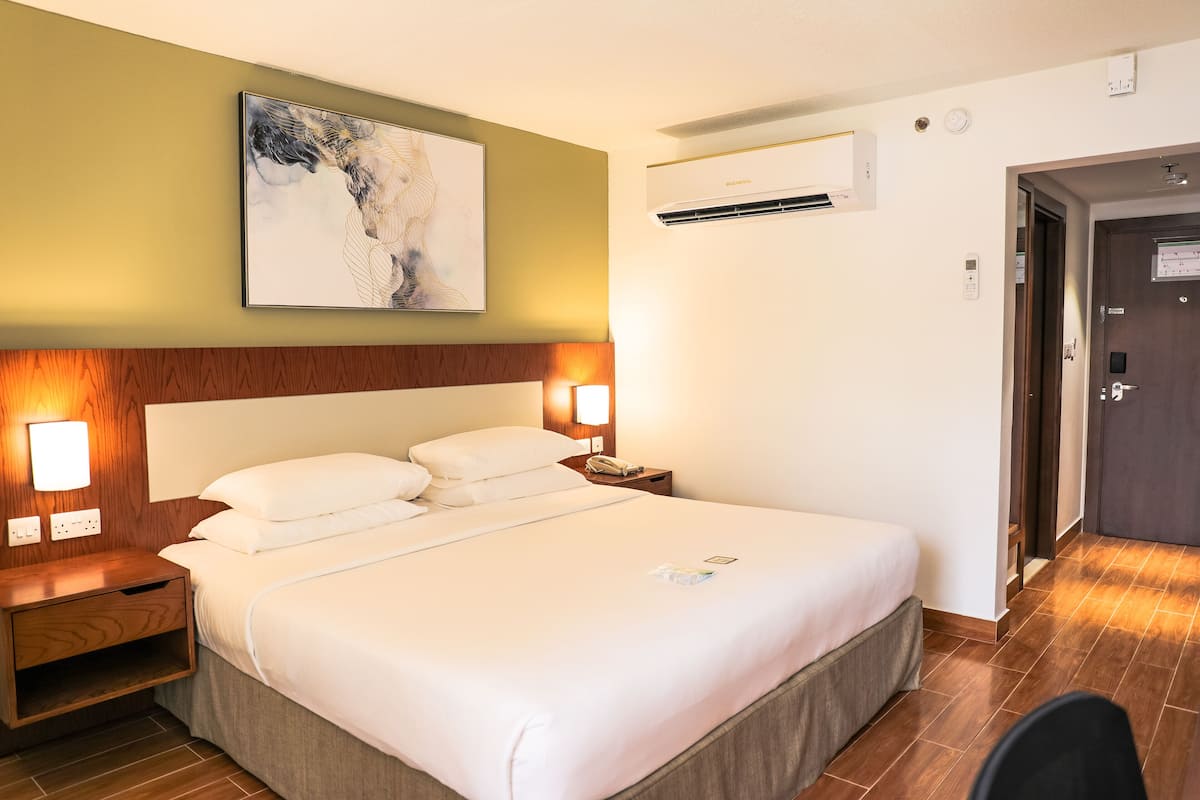 Une chambre d’hôtel avec un grand lit, des lampes de chevet, une table de chevet, un climatiseur et une porte.