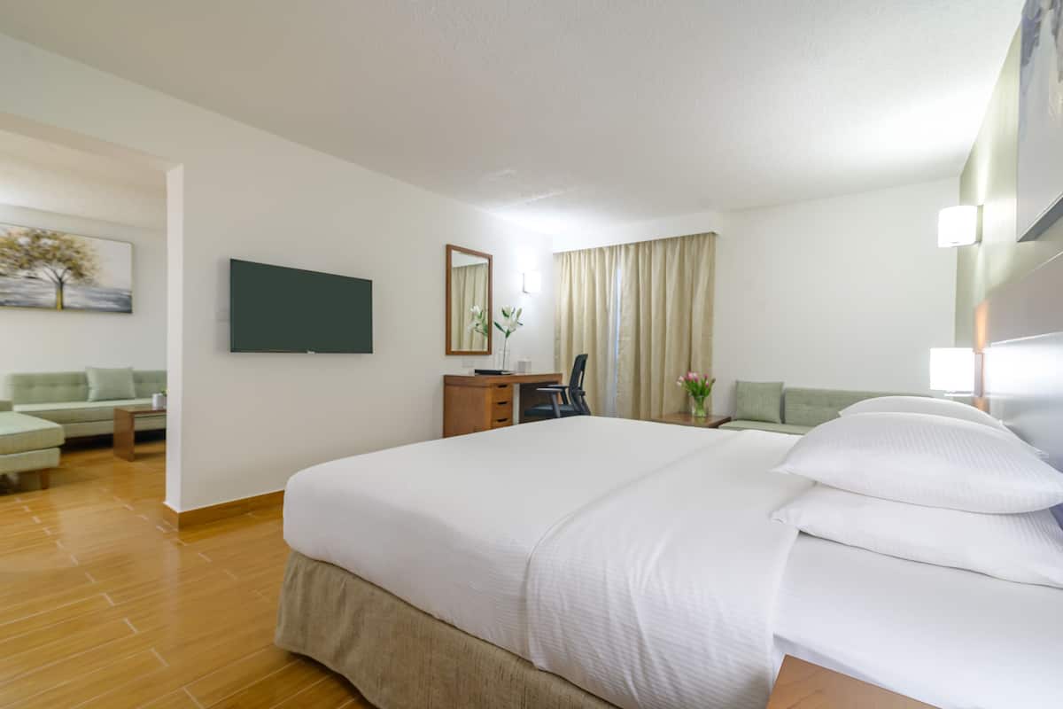 Une chambre d’hôtel avec un grand lit, un bureau, une chaise, un canapé et un téléviseur fixé au mur.