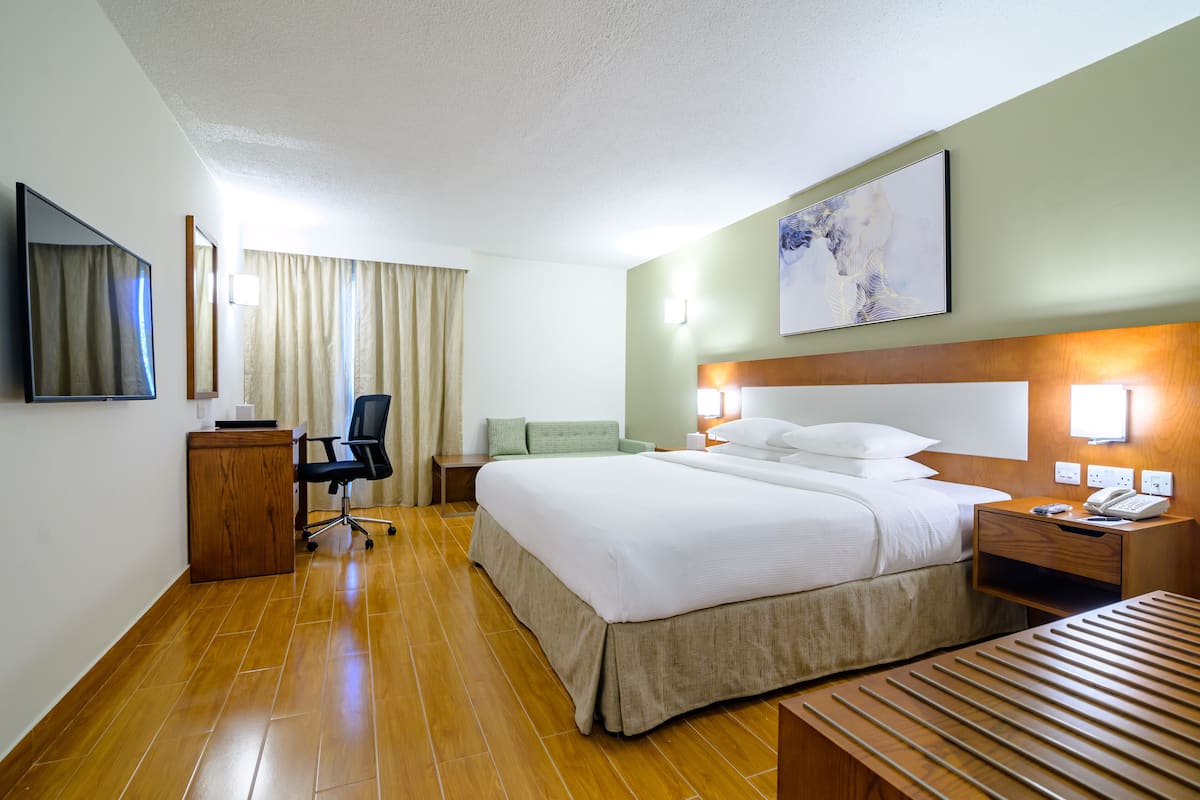 Une chambre d’hôtel avec un lit, un bureau, une chaise, une télévision et un tableau au mur.