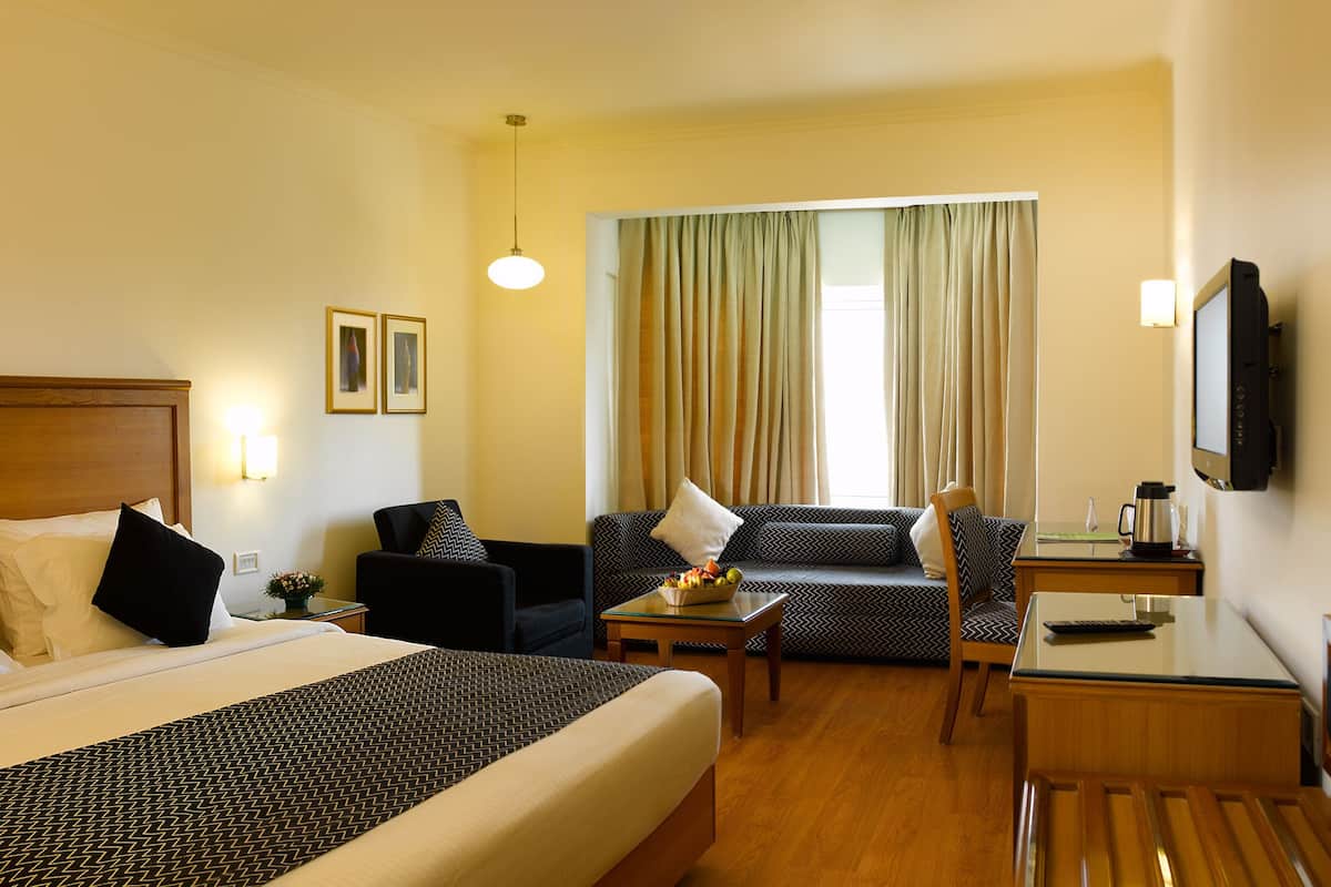 A hotel room with a large bed, a sofa, a desk with a coffee maker, and a TV.