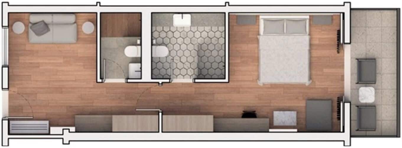 Un plan d’étage d’une chambre d’hôtel comprenant un lit, un coin salon avec un canapé et des fauteuils, une petite cuisine et une salle de bain.