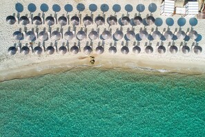 On the beach, sun-loungers, beach umbrellas, beach towels