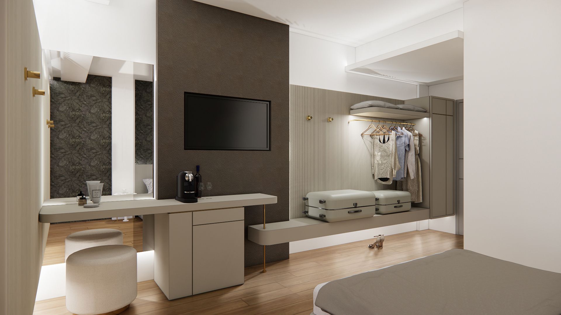 Un dormitorio moderno con escritorio integrado, televisor de pantalla plana, tocador con espejo, armario y cama.