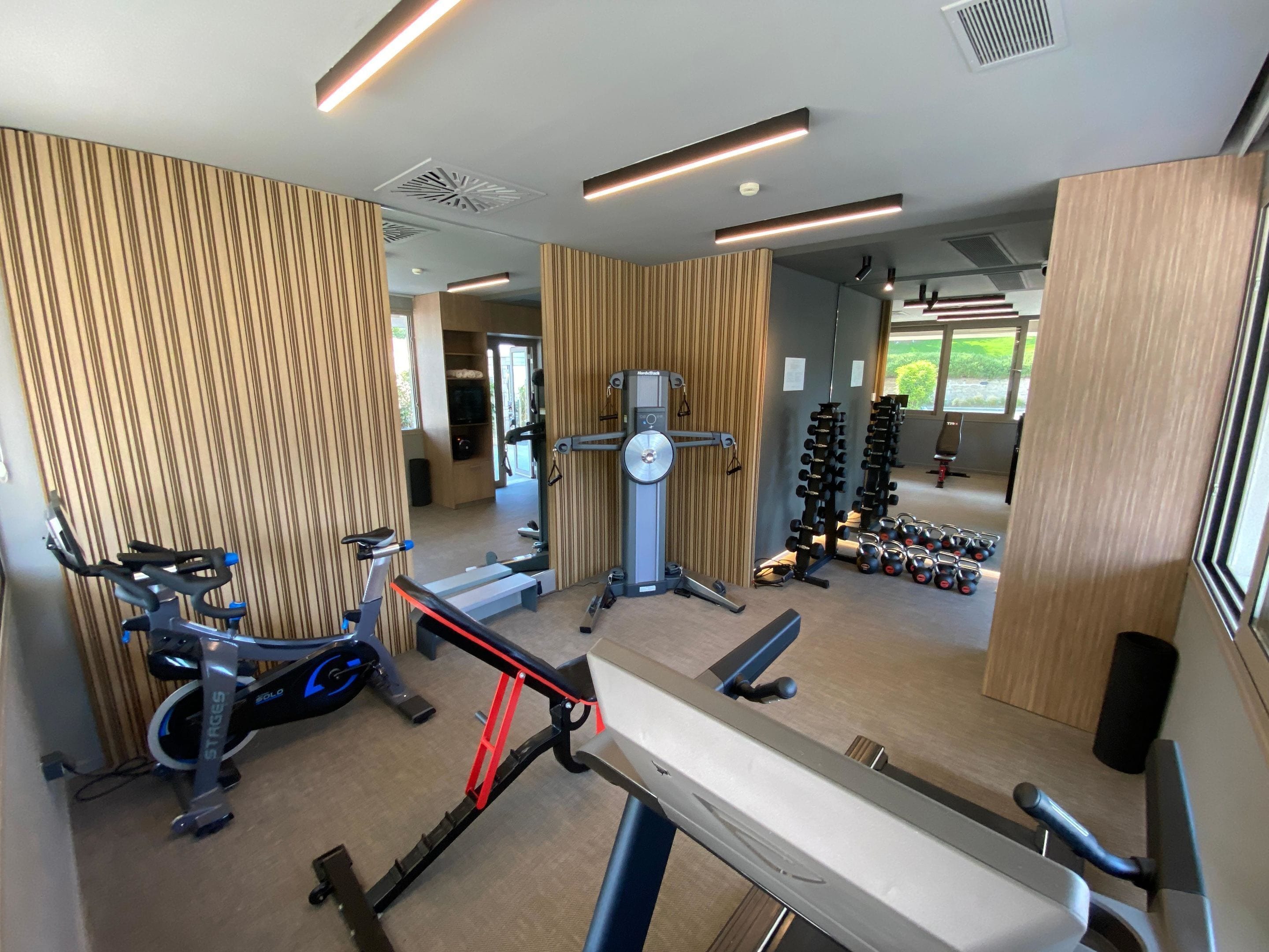 Un gimnasio moderno con equipo cardiovascular, máquinas de pesas y pesas libres.