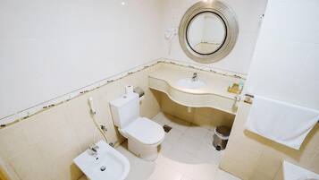 A compact bathroom with a toilet, bidet, sink, and a mirror.