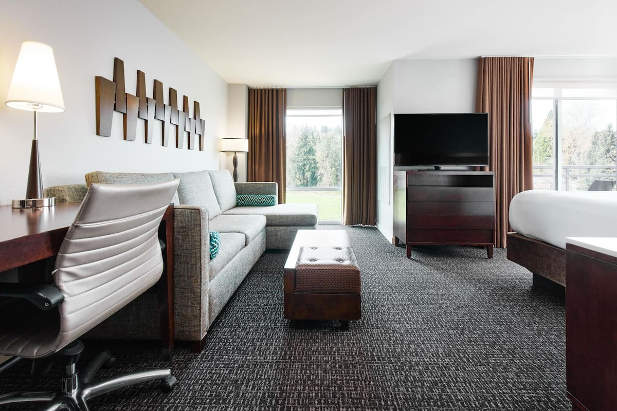 A hotel room with a sofa, a desk with a lamp, a television, a bed, and a view of the outdoors.
