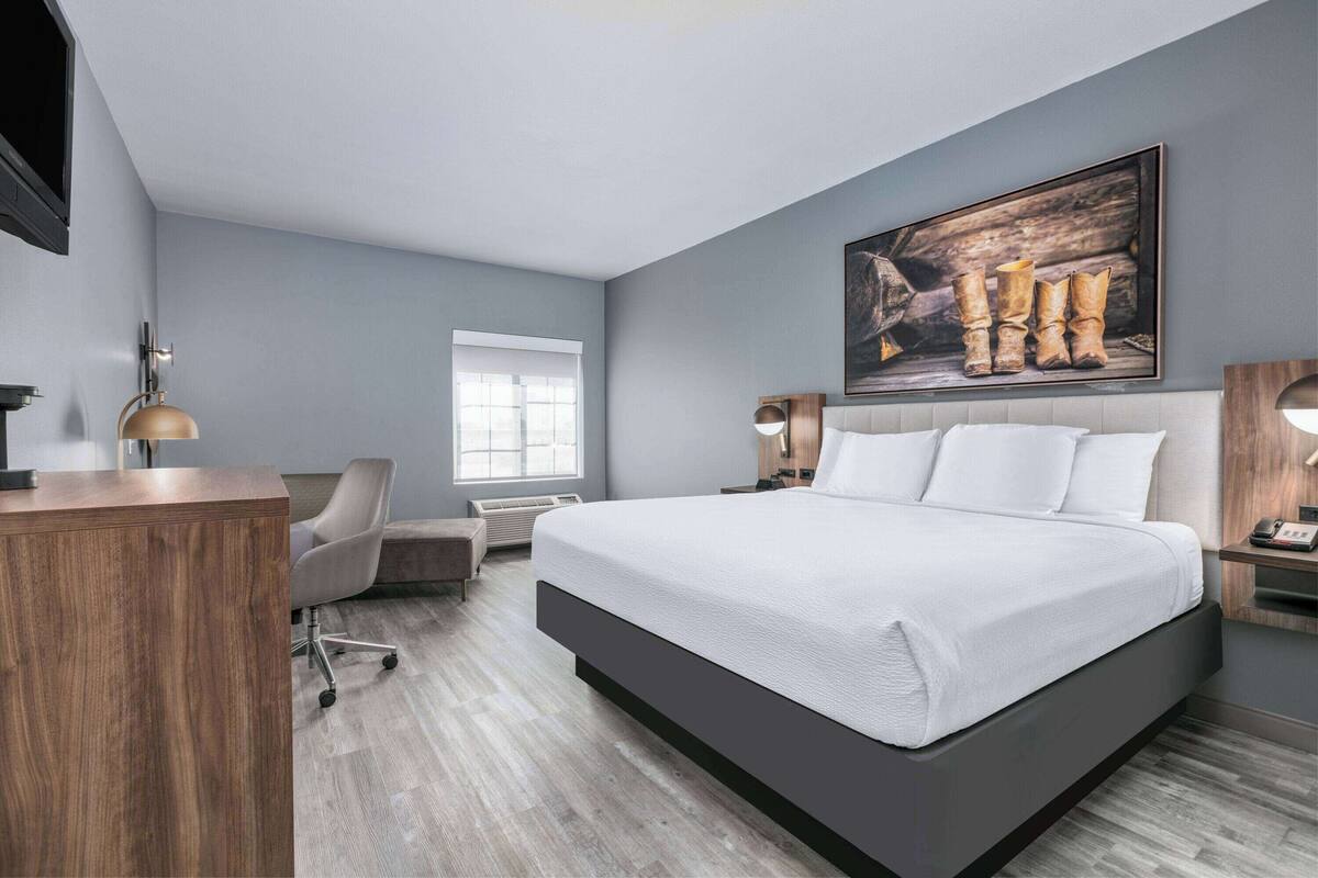 Une chambre d’hôtel moderne avec un grand lit, un bureau, une chaise et un tableau au mur.