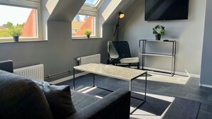 A modern living room with skylights, a sofa, a coffee table, a chair, a TV, and a radiator.