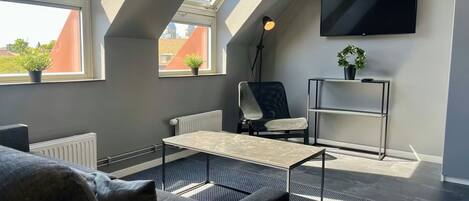 Una sala de estar moderna con tragaluces, un sofá, una mesa de centro, una silla, un televisor y un radiador.