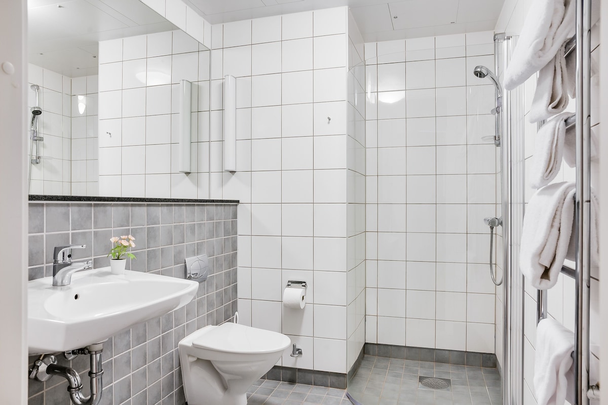 A modern bathroom with a sink, toilet, and shower area.