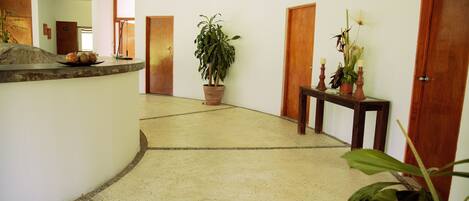 A hallway with a concrete floor, wooden doors, a potted plant, and a small table with candles.