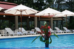 Outdoor pool, pool umbrellas, pool loungers