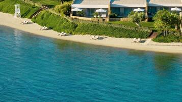 Sun-loungers, beach umbrellas, beach towels, scuba diving