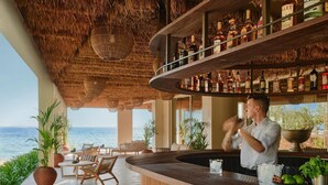 Zona de bar con camarero, techo de paja y vista al mar.