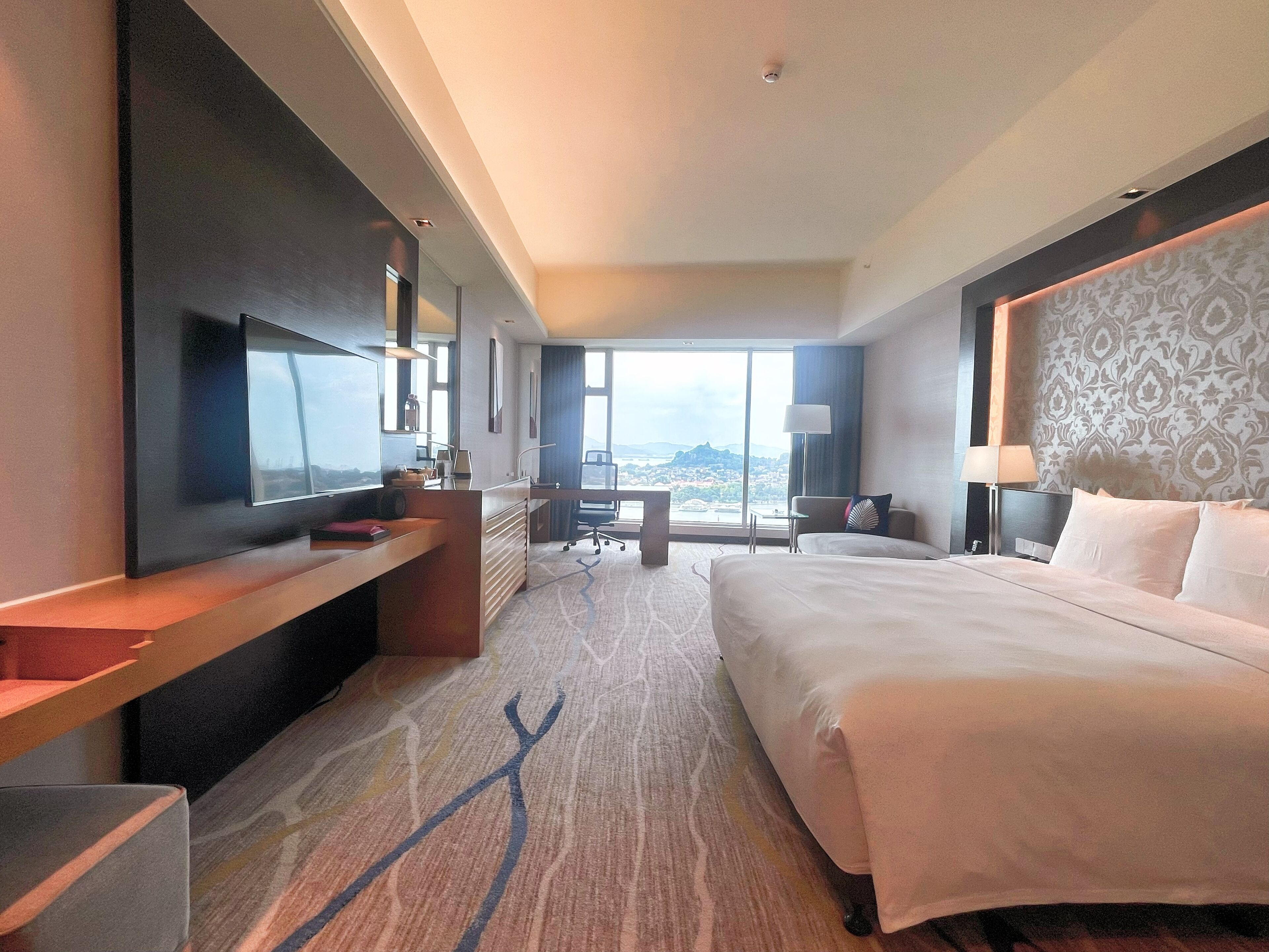 A hotel room with a large bed, a desk, a TV, and a view of the city.