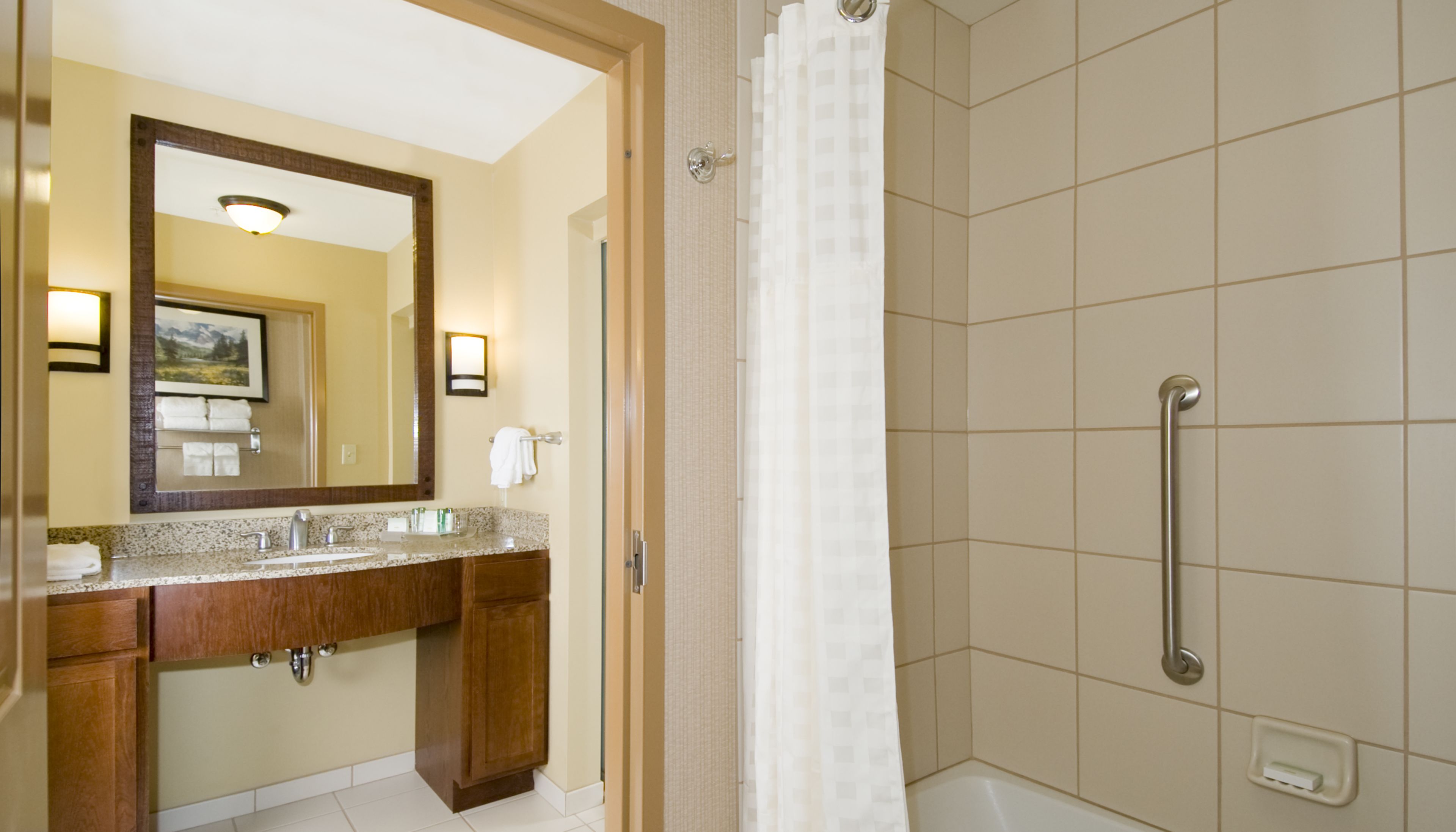 combined shower/bathtub, free toiletries, hair dryer, towels