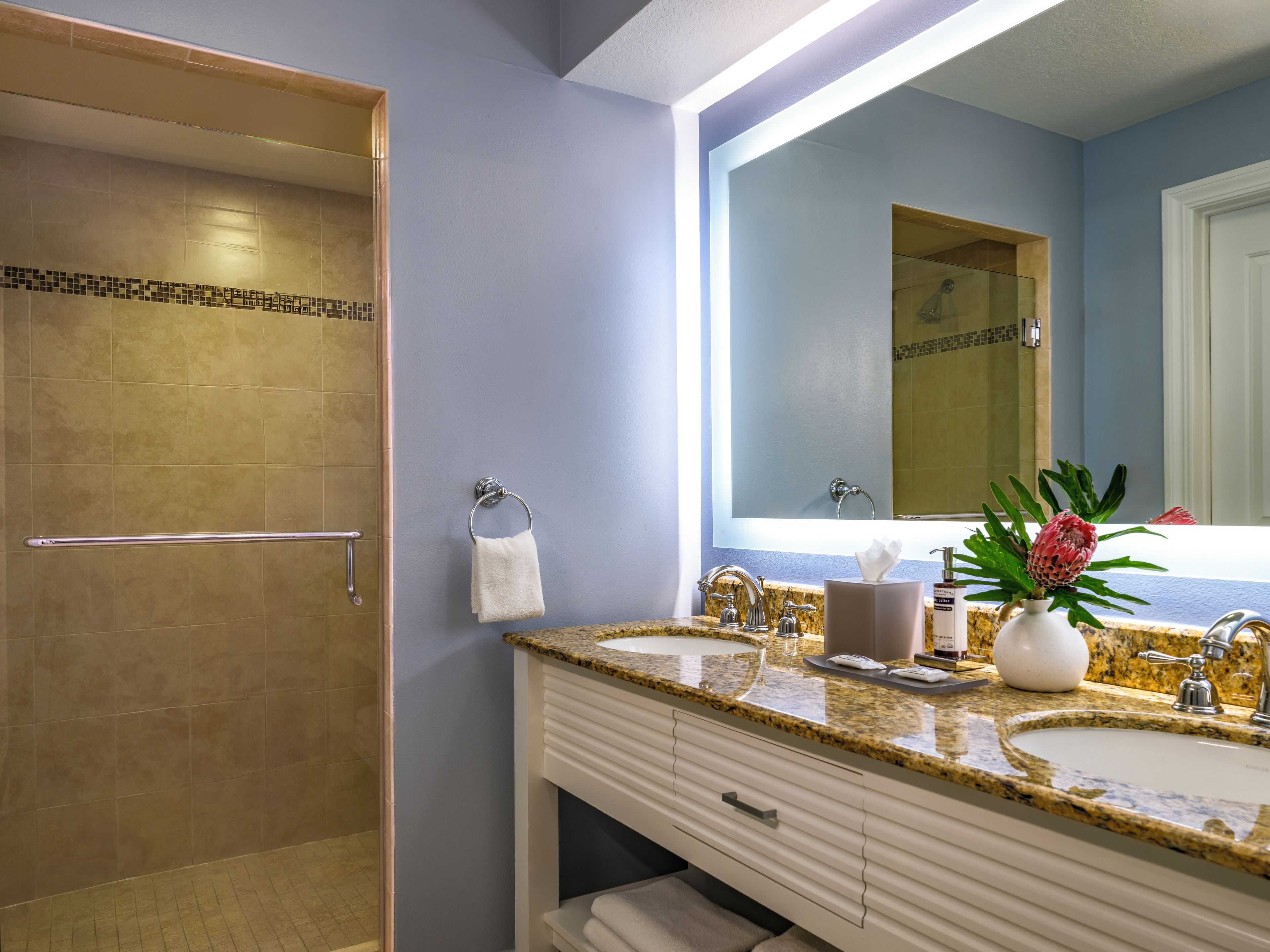 Une salle de bain dotée d’une douche à l’italienne, d’un meuble-lavabo avec un plan de travail en granit, d’un grand miroir et d’un vase rempli de fleurs.