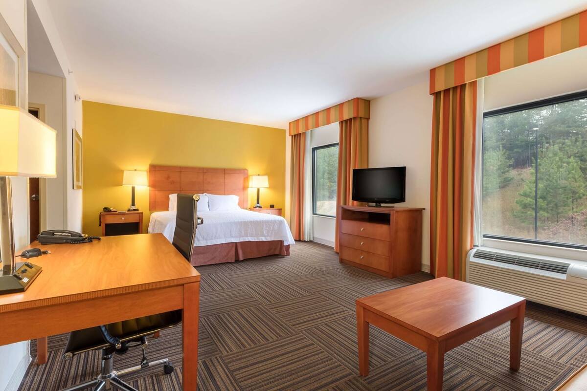 Habitación de hotel con cama, escritorio, silla, televisor y un ventanal con vistas a árboles.