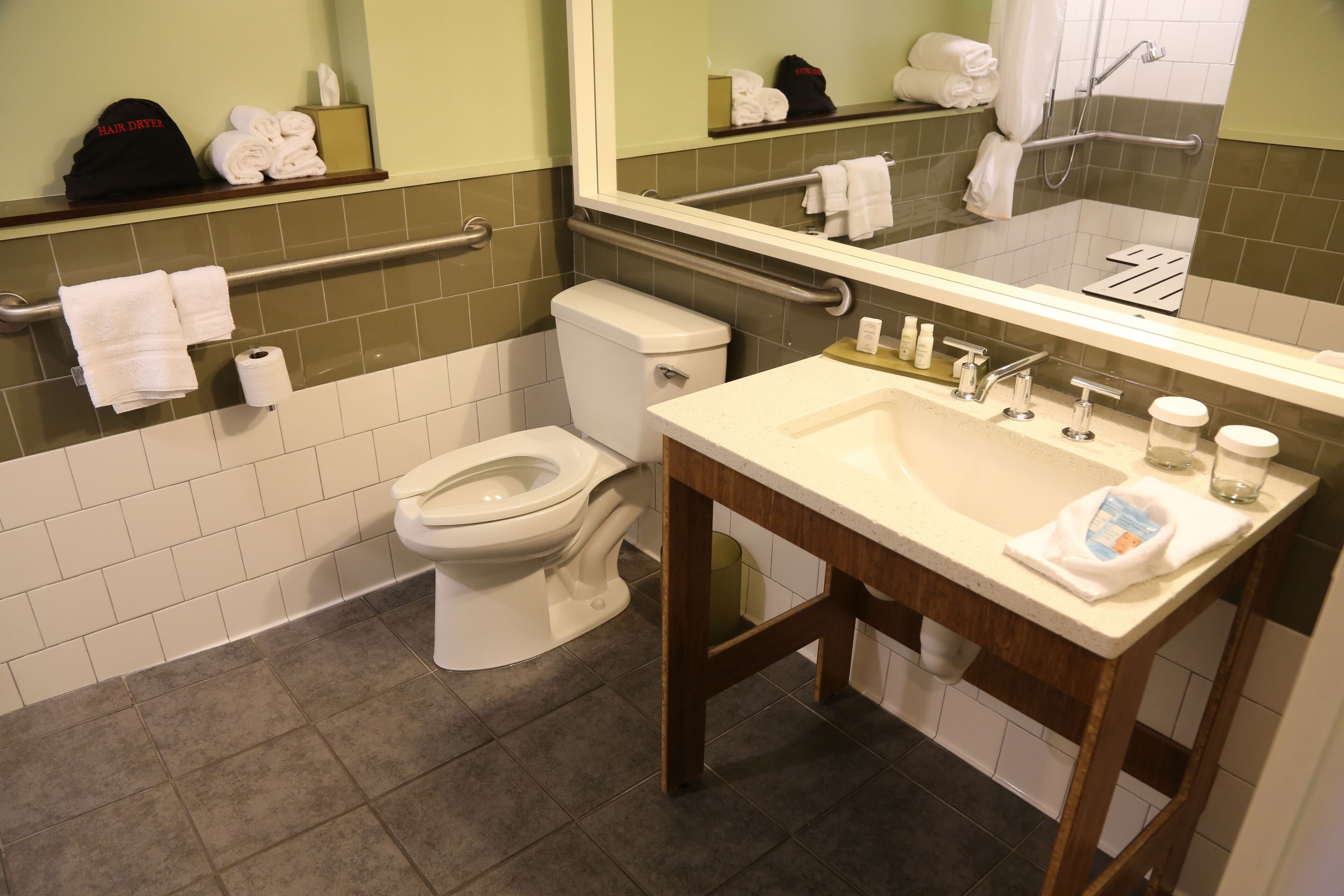 shower, hydromassage showerhead, designer toiletries, hair dryer