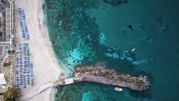 On the beach, sun-loungers, beach umbrellas, beach towels