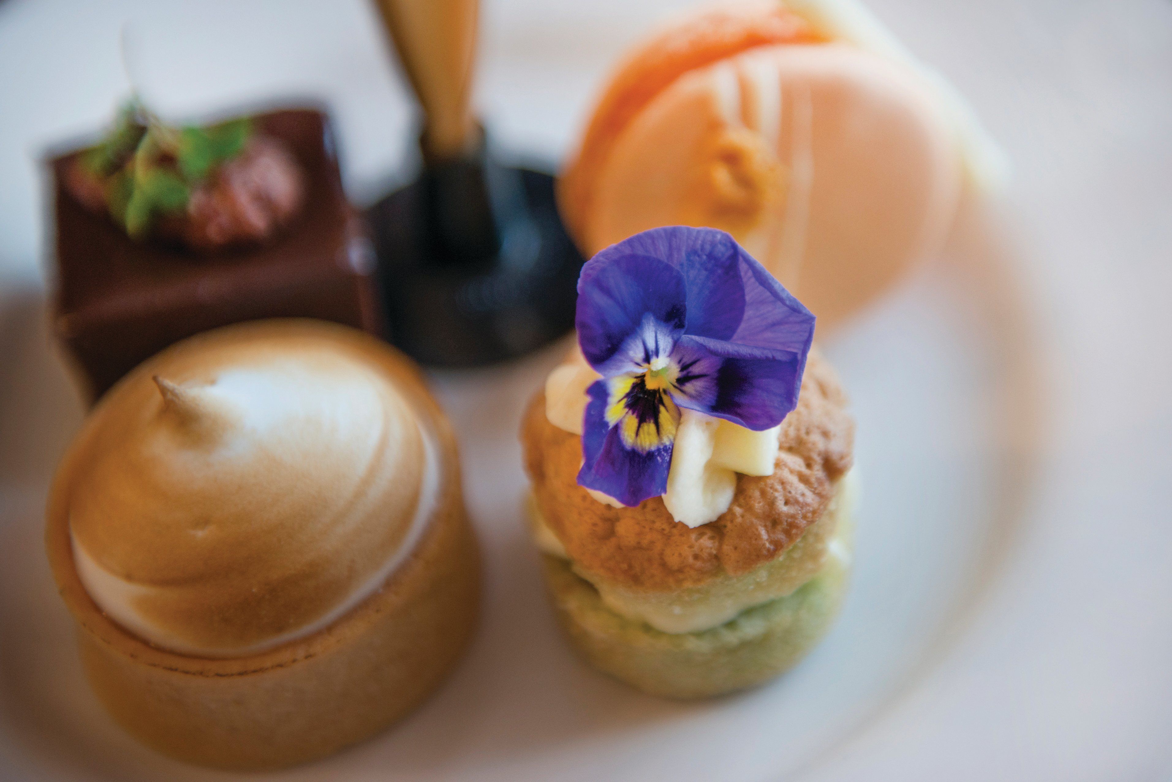 Un plato de postres con diferentes pasteles y una flor pequeña.