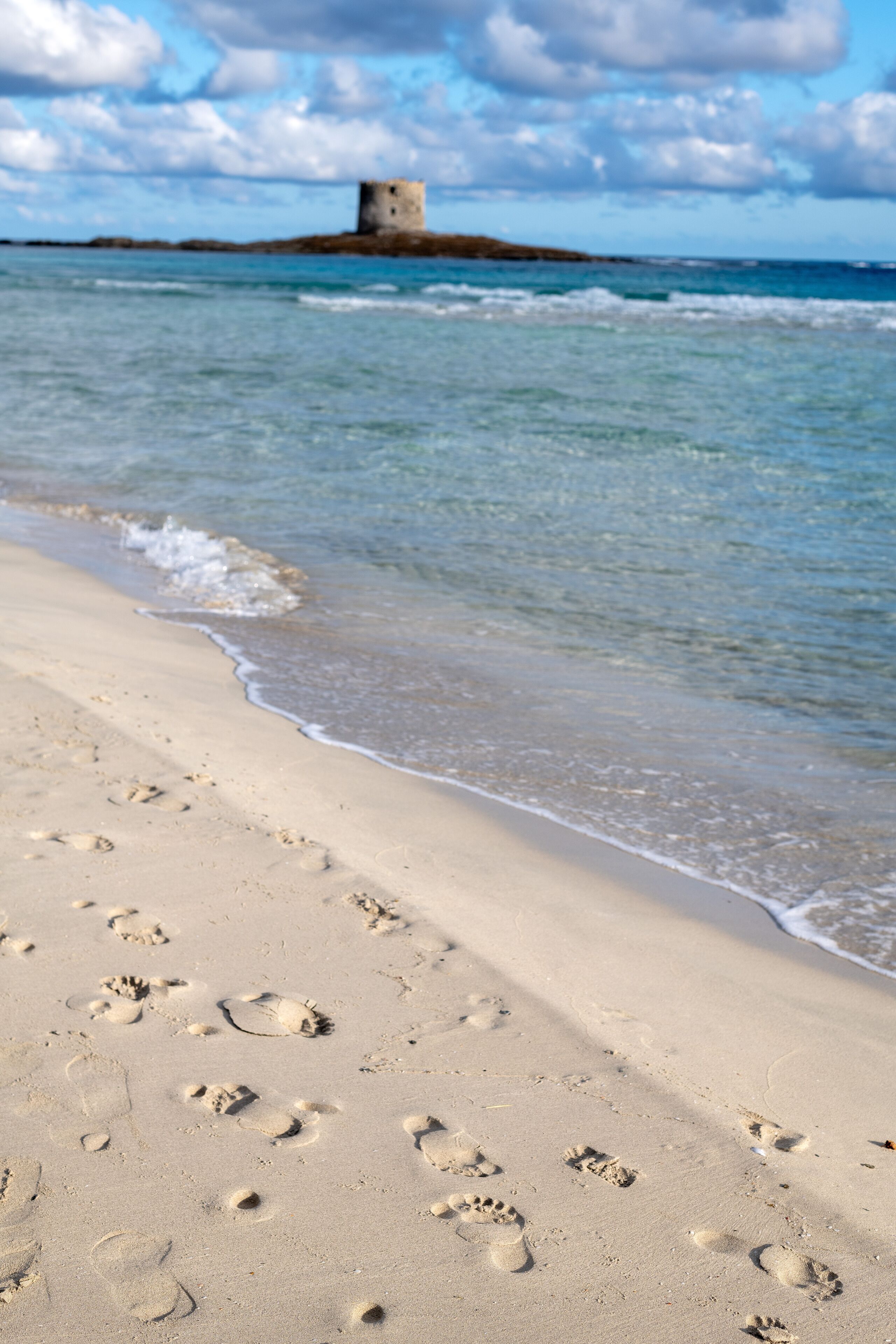 A sandy beach with footprints leading to the water and a distant tower.