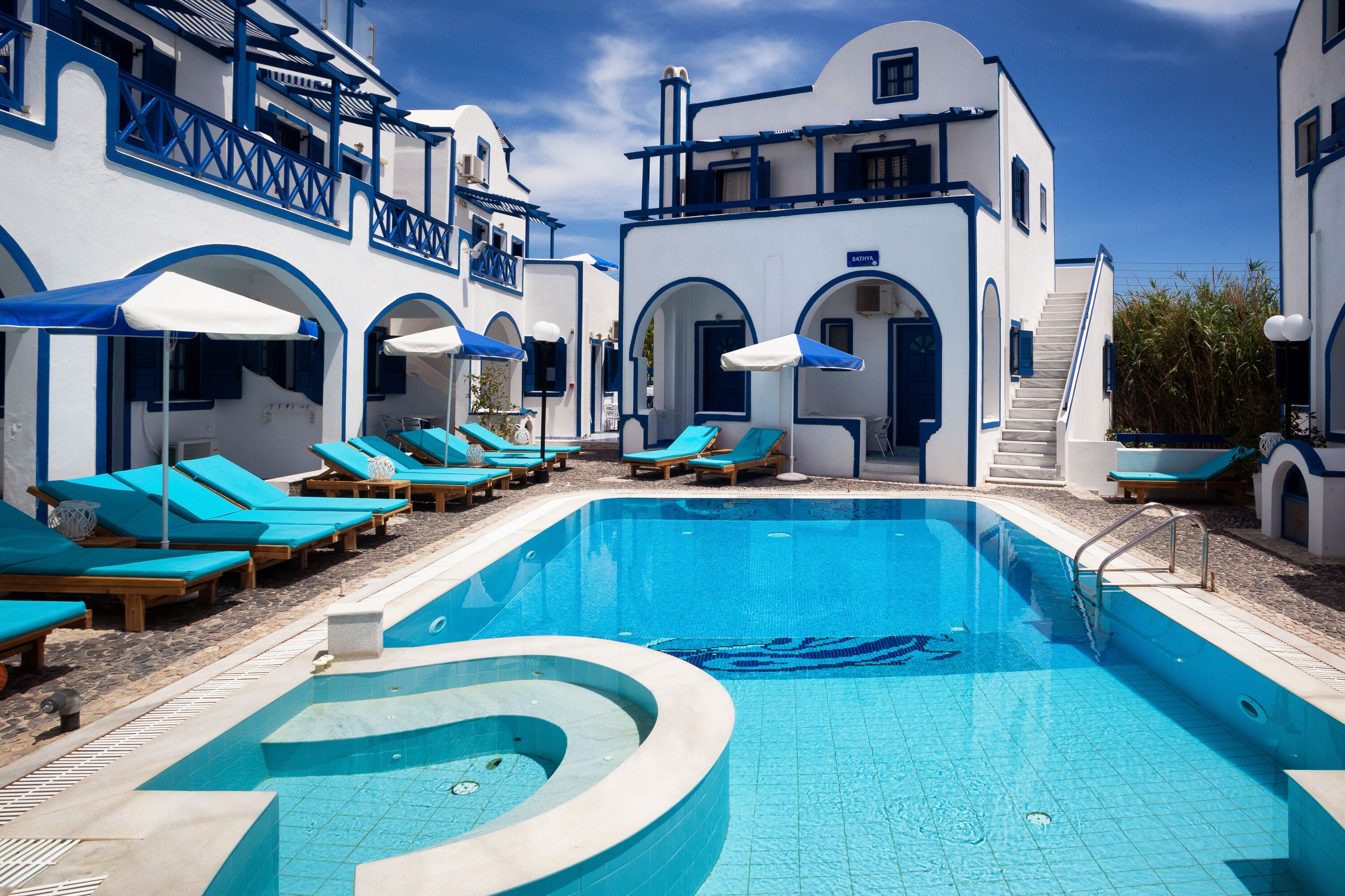 Outdoor pool, pool umbrellas, pool loungers