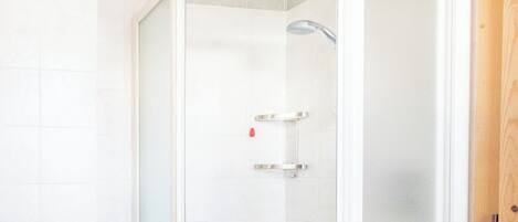 A glass-enclosed shower with a white bathtub, a toilet, and a wooden door.