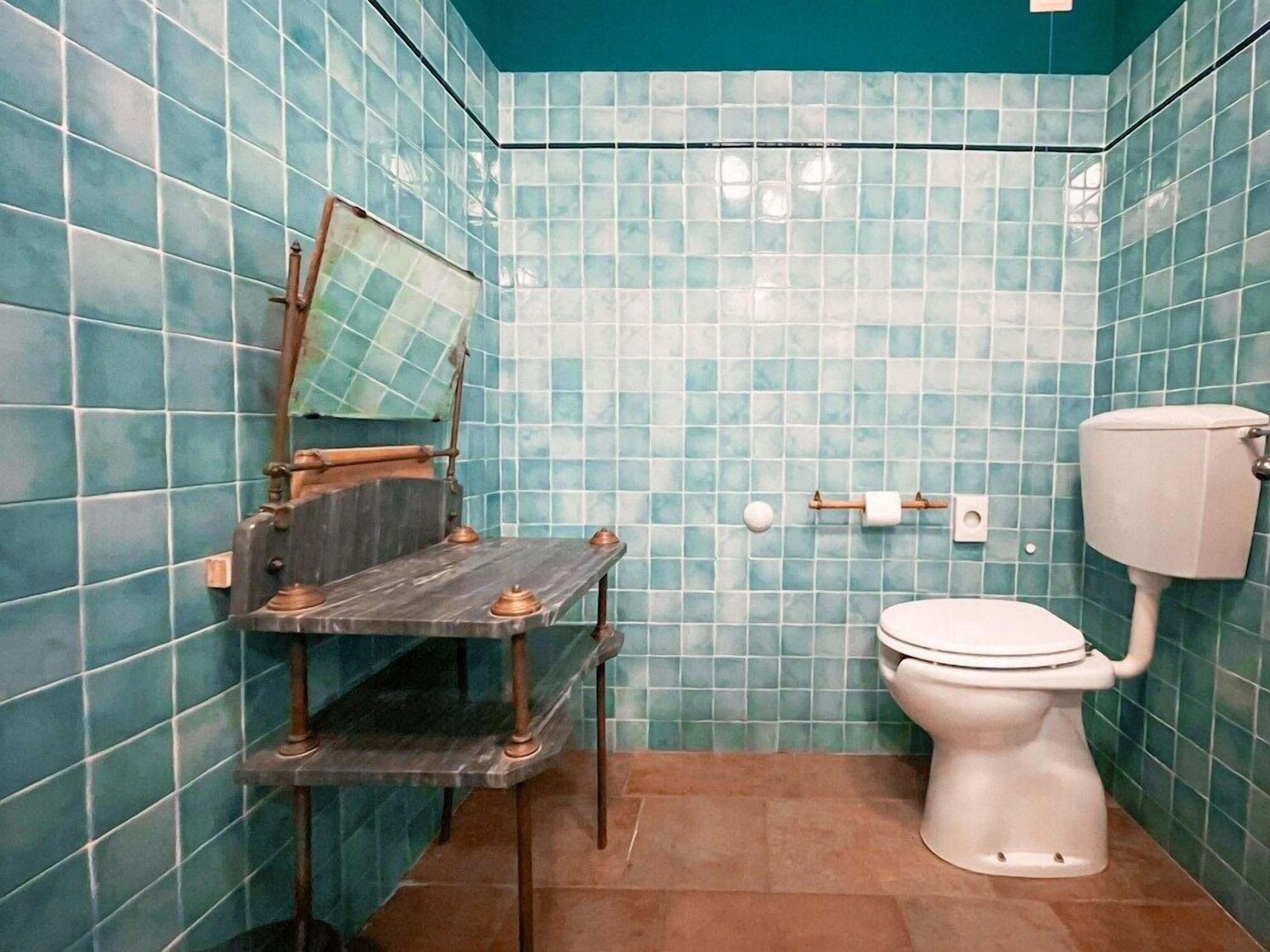 A bathroom with blue-tiled walls, a white toilet, and a wooden shelf with a mirror.