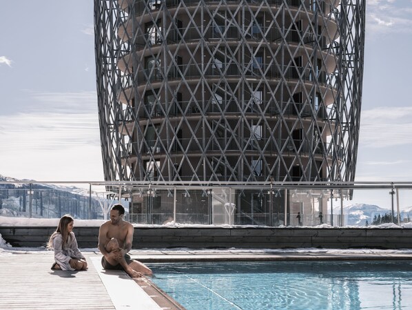 Indoor pool, outdoor pool, pool umbrellas, sun loungers