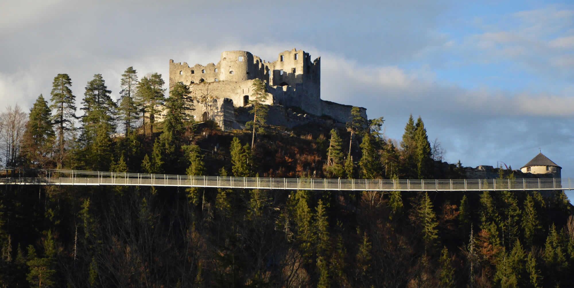 A castle on a hill with a bridge leading to it.