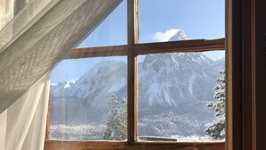 A window with a view of snow-covered mountains and a snowy landscape below.