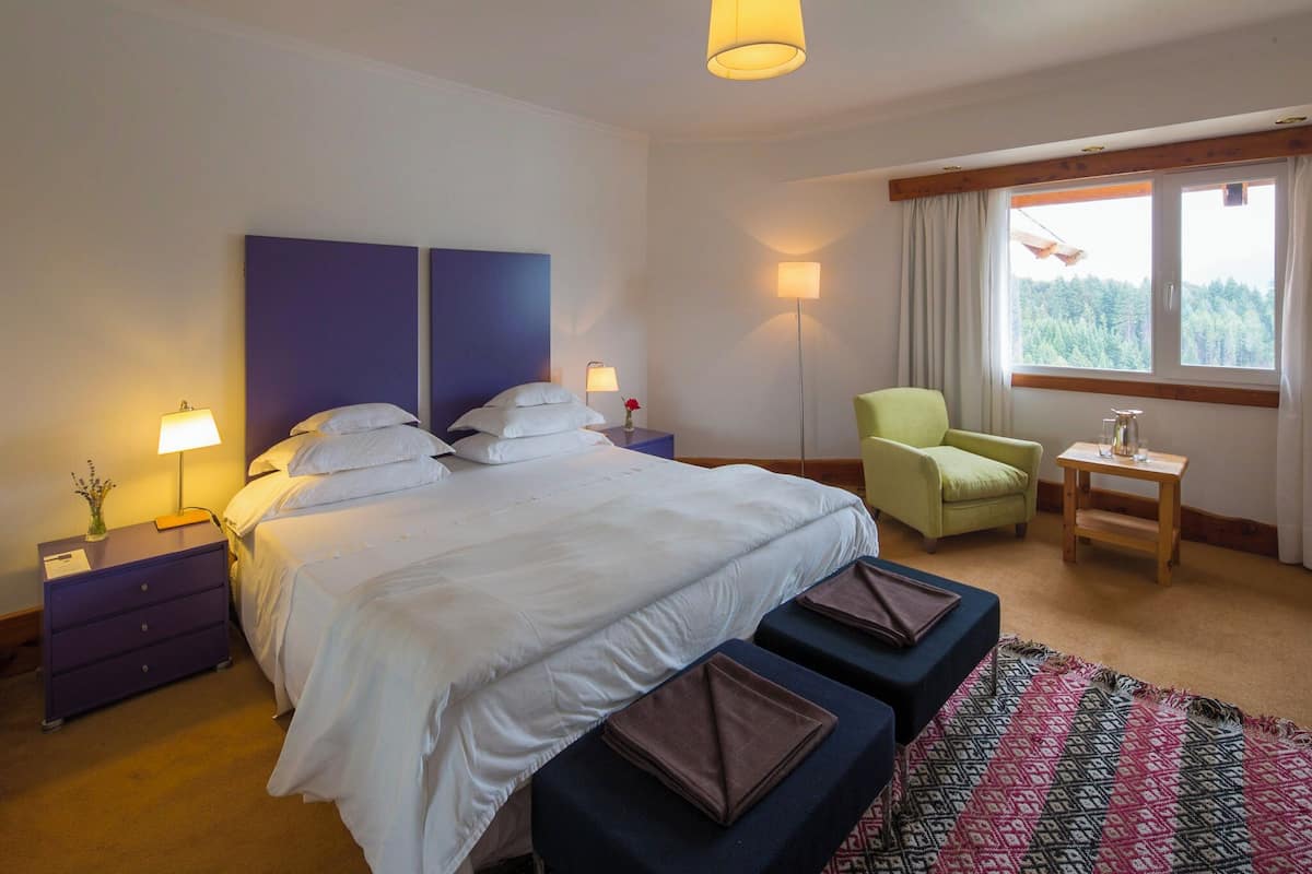 A hotel room with a large bed, a chair, a small table, and a window with a view of trees.