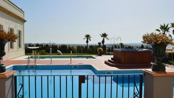 A swimming pool with a view of the cityscape, surrounded by palm trees and potted plants.