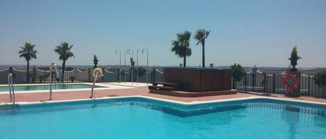 Piscina con vista al océano, rodeada de palmeras y una valla.