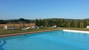 A clear blue swimming pool with lounge chairs and umbrellas, surrounded by a grassy area and trees, with a clear sky above. - Borgo Beccanella (Asciano)