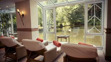 Sauna, steam room, body wraps, body scrubs, facials