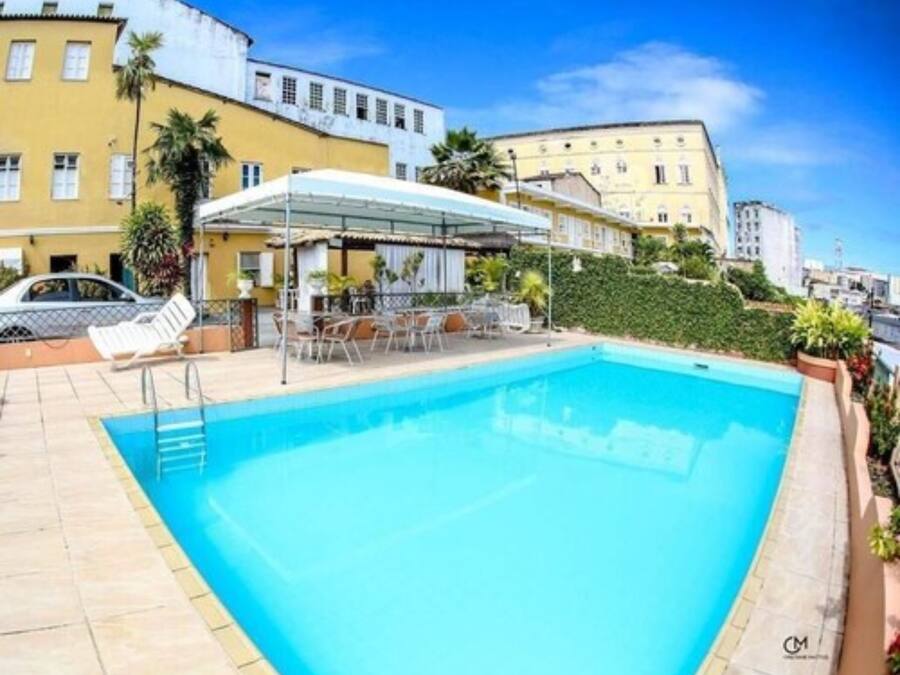 Outdoor pool, pool umbrellas, pool loungers