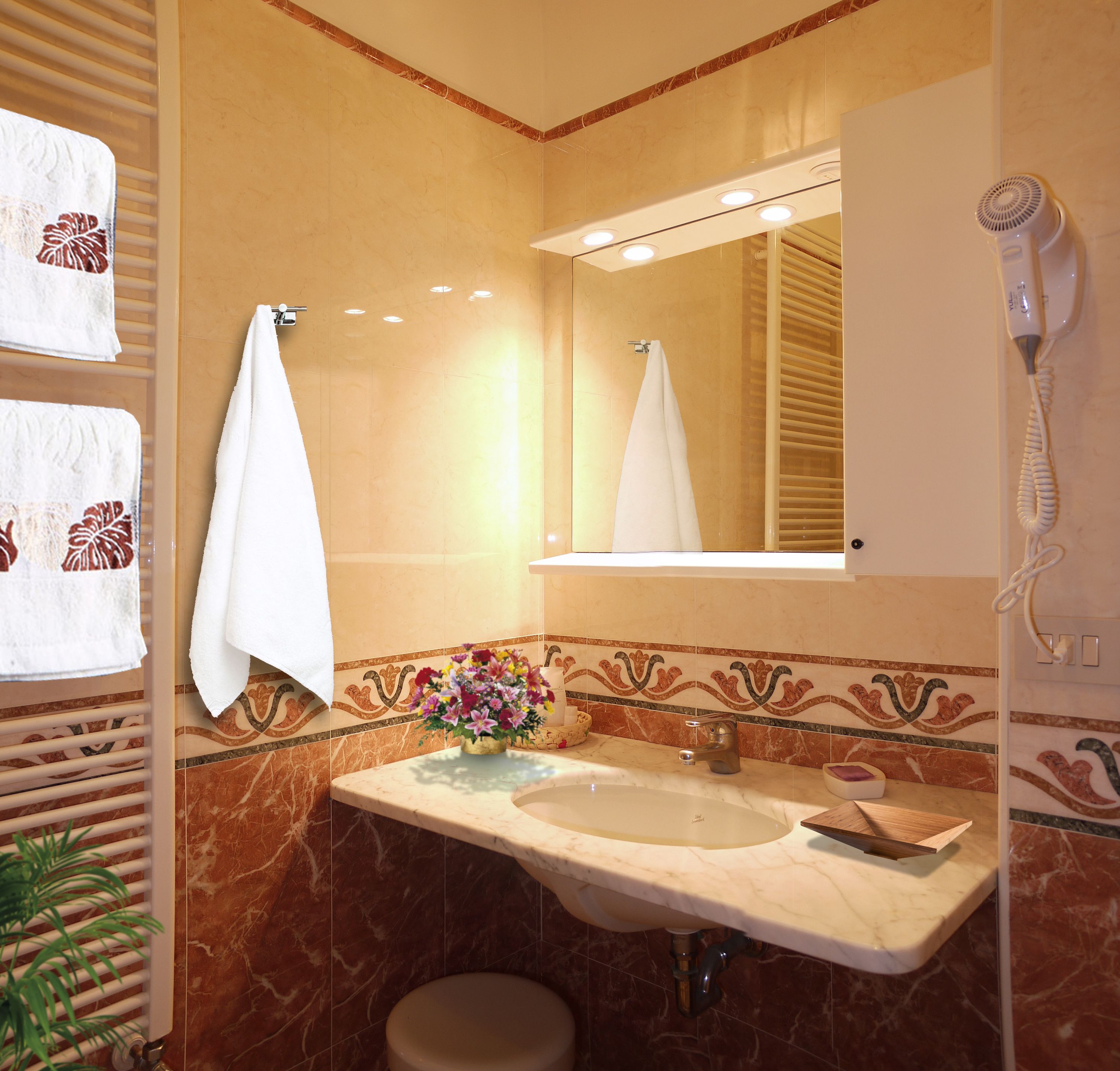 free toiletries, hair dryer, bidet, towels