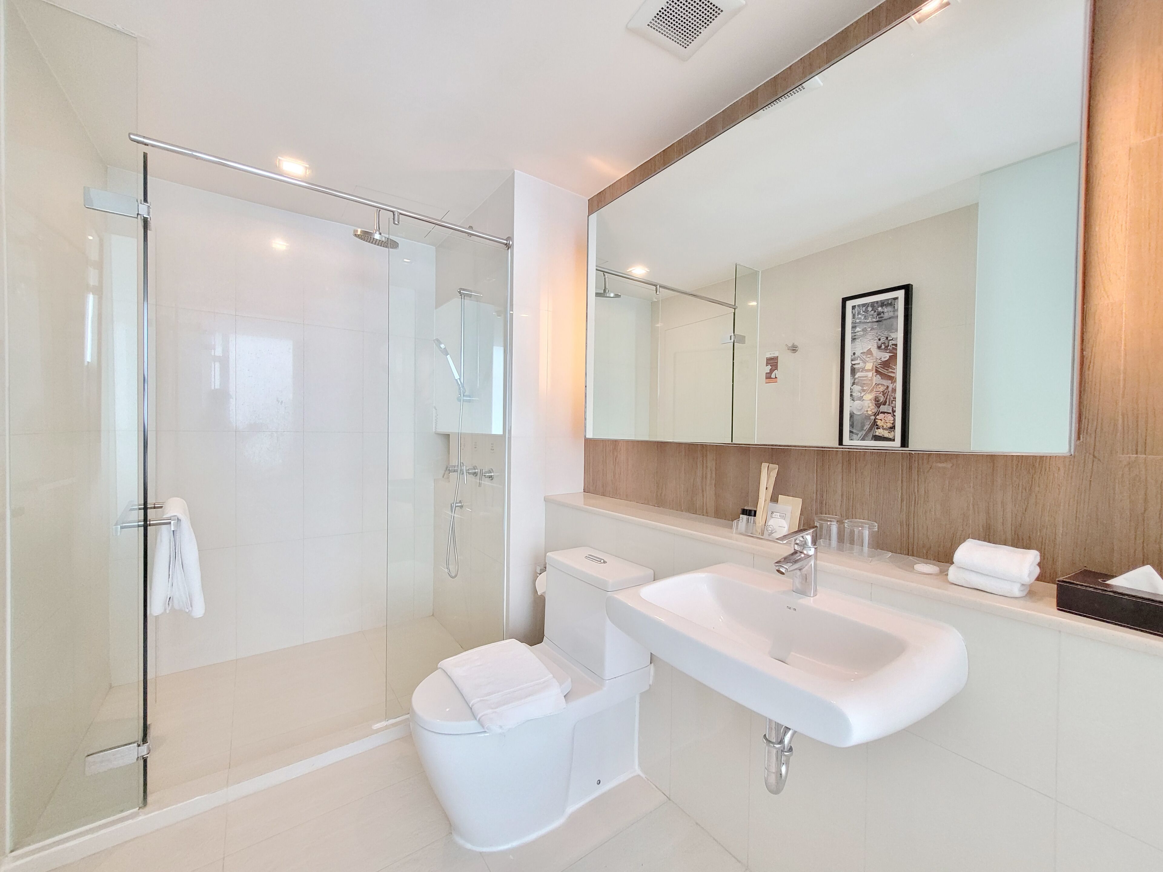 Shower, rainfall showerhead, designer toiletries, hair dryer